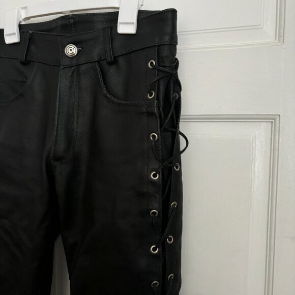 Leather Lace Up Side Pants Black XS Vintage Size 28 Tie ARD Champs Genuine Biker - Picture 3 of 11